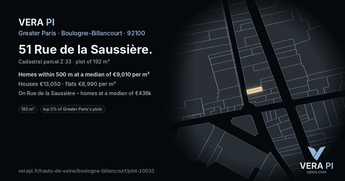 51 Rue de la Saussière, Boulogne-Billancourt at night – the plot lit, the parcels around coloured by the prices near them