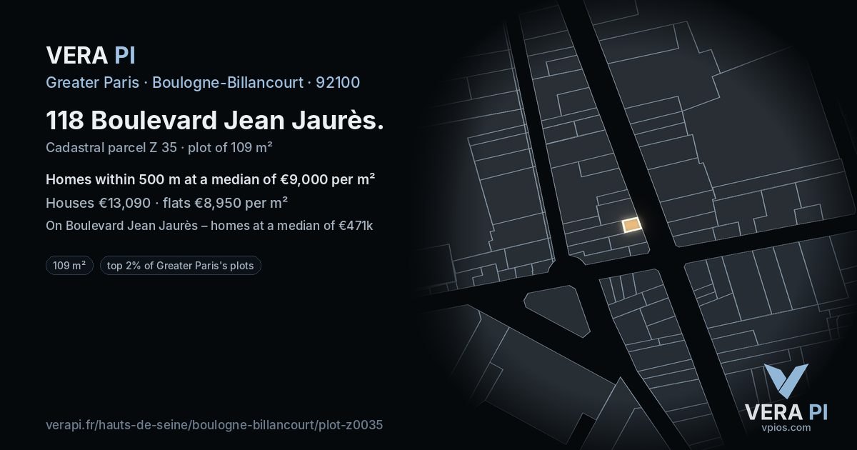 118 Boulevard Jean Jaurès, Boulogne-Billancourt at night – the plot lit, the parcels around coloured by the prices near them