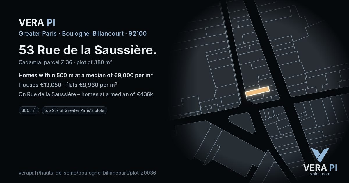 53 Rue de la Saussière, Boulogne-Billancourt at night – the plot lit, the parcels around coloured by the prices near them