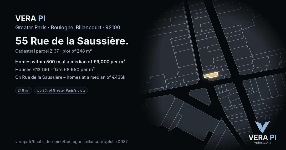 55 Rue de la Saussière, Boulogne-Billancourt at night – the plot lit, the parcels around coloured by the prices near them