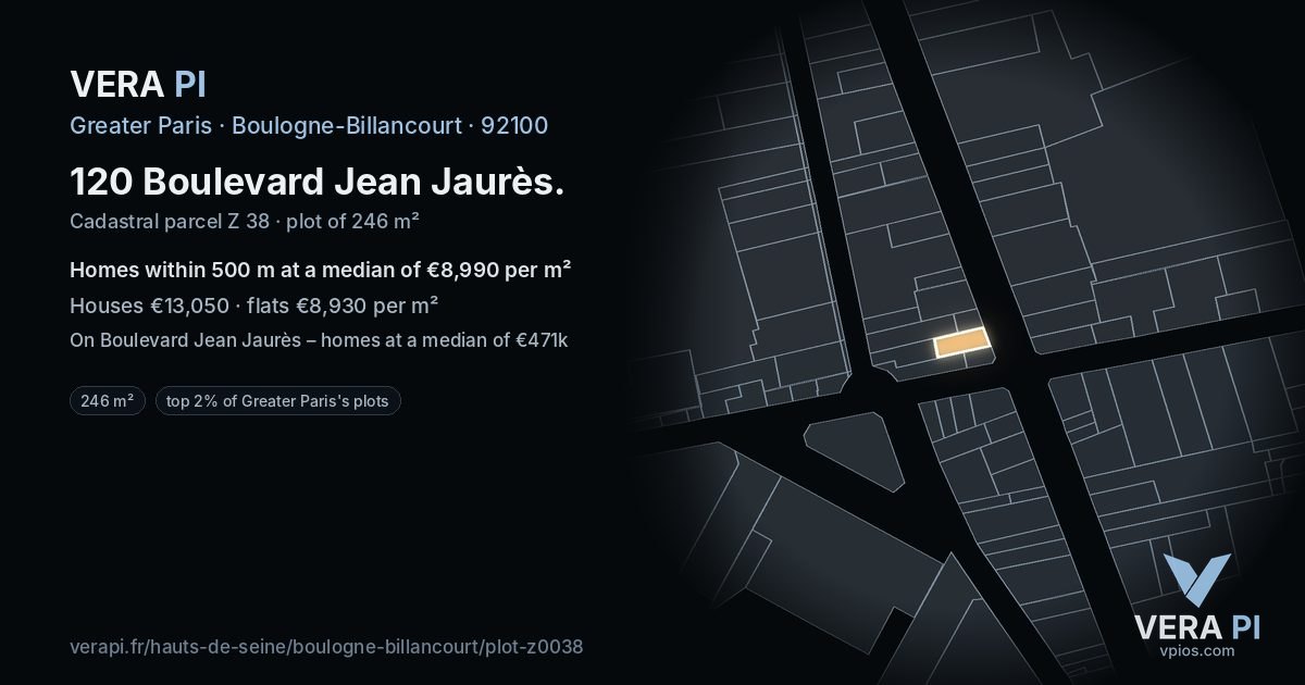 120 Boulevard Jean Jaurès, Boulogne-Billancourt at night – the plot lit, the parcels around coloured by the prices near them