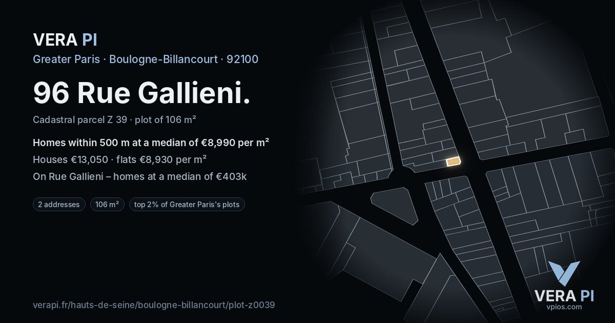 96 Rue Gallieni, Boulogne-Billancourt at night – the plot lit, the parcels around coloured by the prices near them