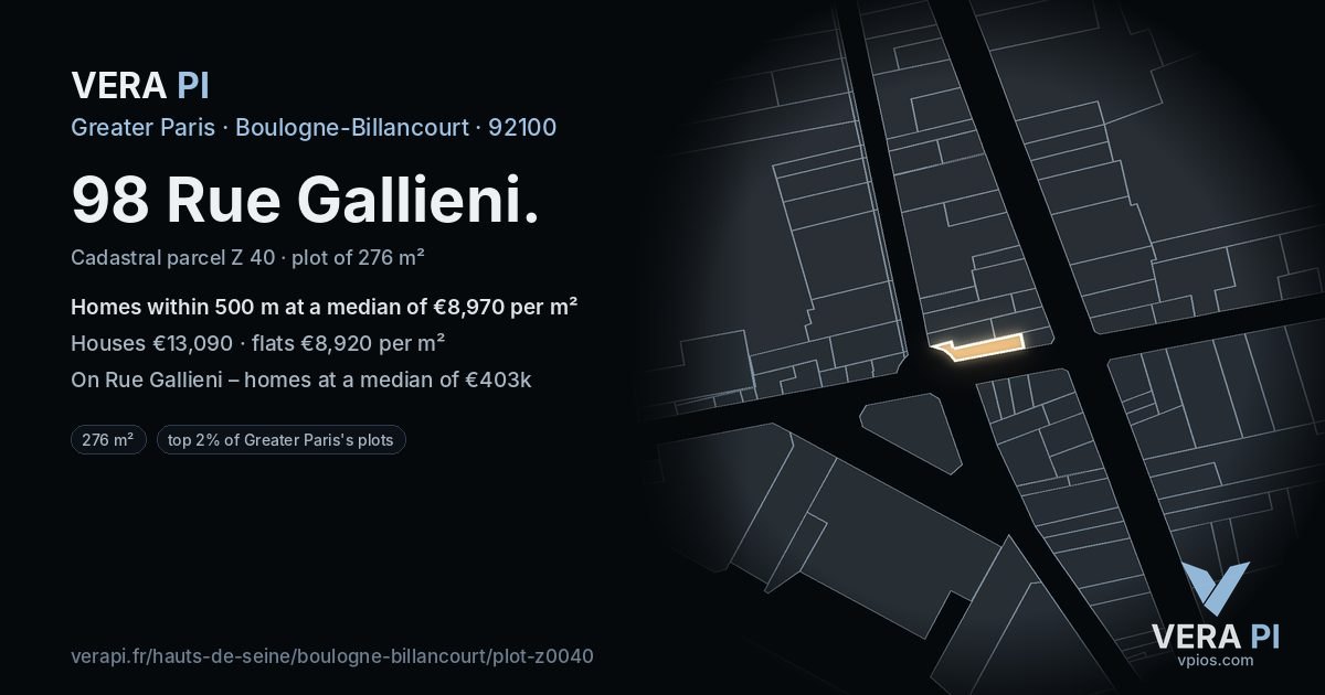 98 Rue Gallieni, Boulogne-Billancourt at night – the plot lit, the parcels around coloured by the prices near them