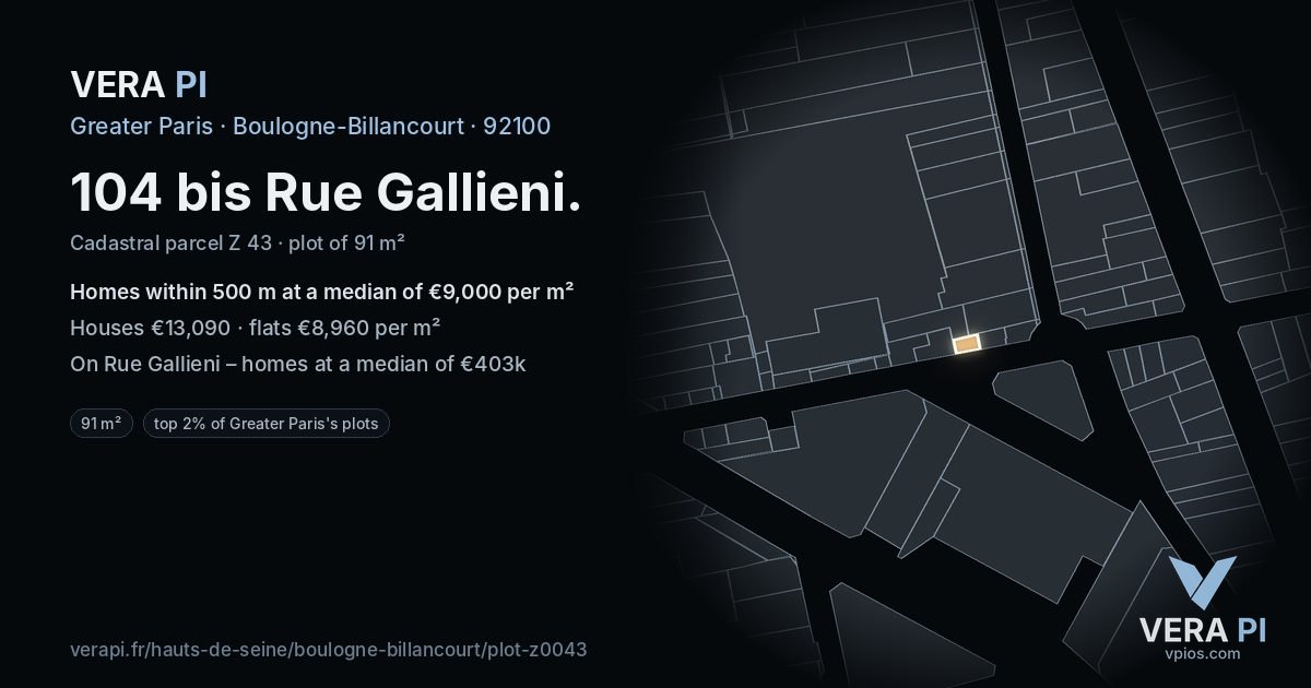 104 bis Rue Gallieni, Boulogne-Billancourt at night – the plot lit, the parcels around coloured by the prices near them