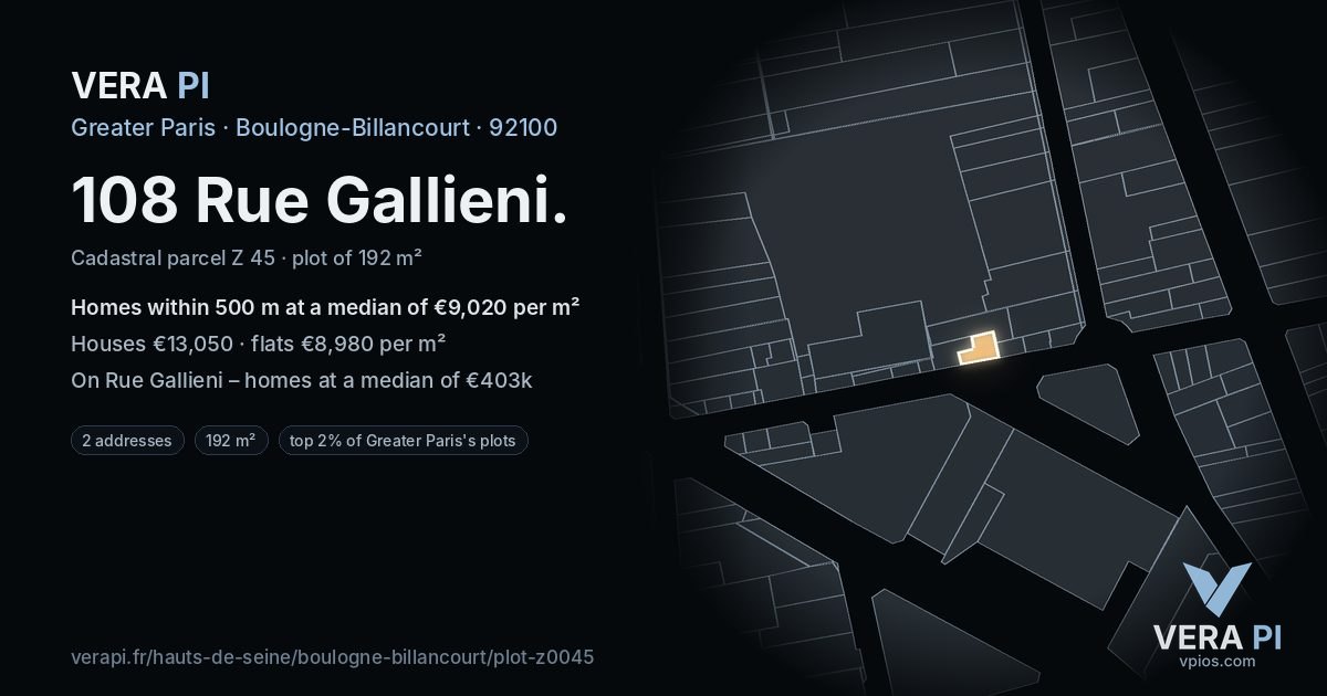 108 Rue Gallieni, Boulogne-Billancourt at night – the plot lit, the parcels around coloured by the prices near them