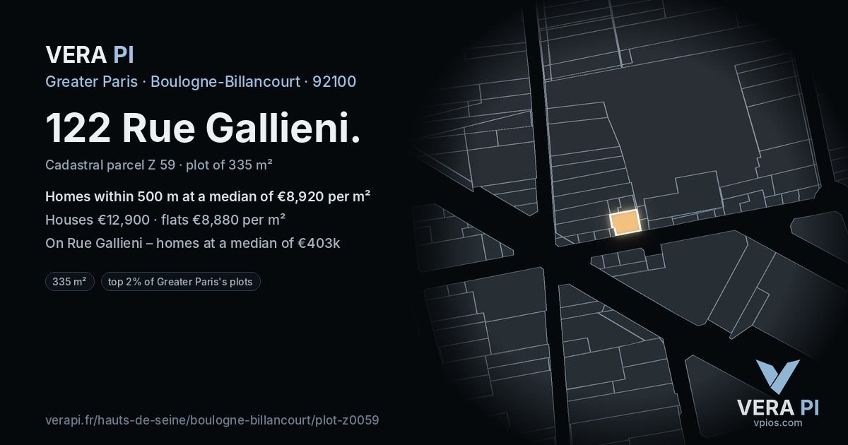 122 Rue Gallieni, Boulogne-Billancourt at night – the plot lit, the parcels around coloured by the prices near them