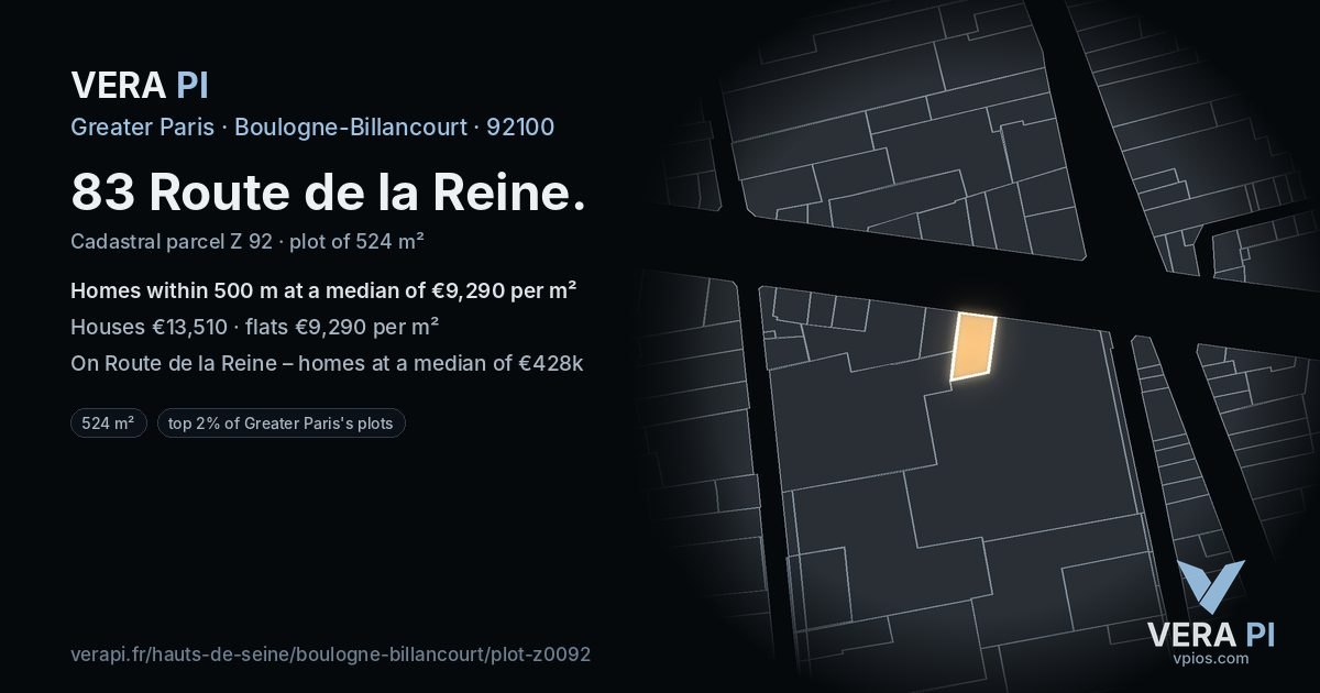 83 Route de la Reine, Boulogne-Billancourt at night – the plot lit, the parcels around coloured by the prices near them