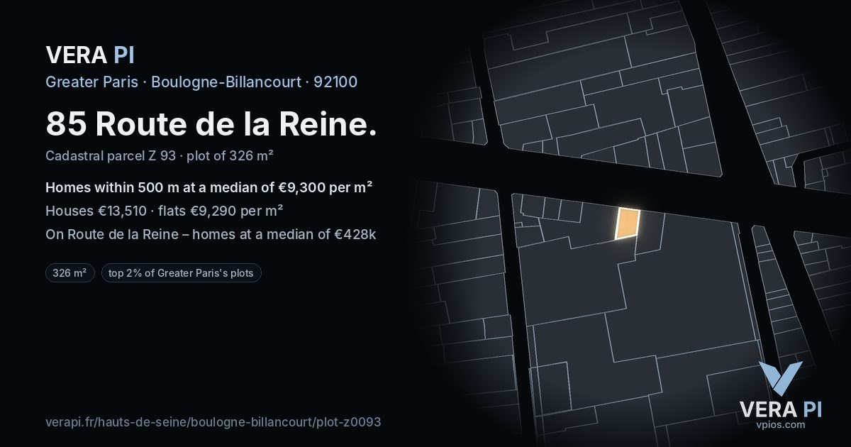 85 Route de la Reine, Boulogne-Billancourt at night – the plot lit, the parcels around coloured by the prices near them