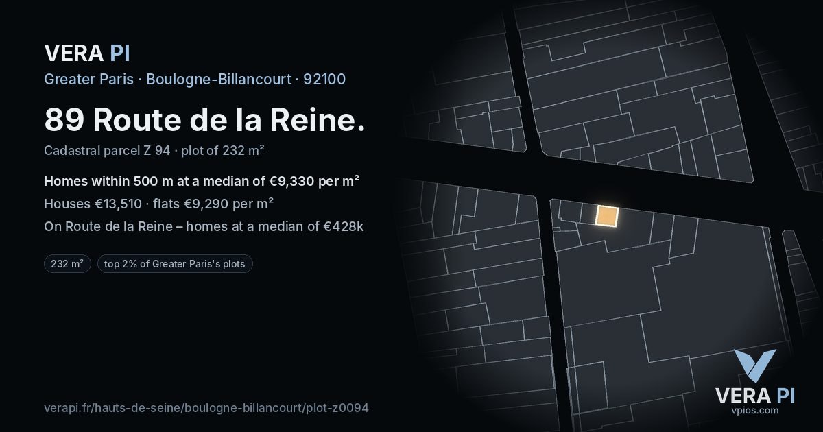 89 Route de la Reine, Boulogne-Billancourt at night – the plot lit, the parcels around coloured by the prices near them