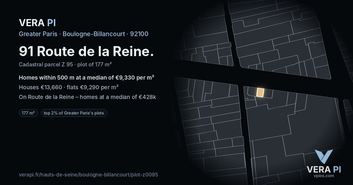 91 Route de la Reine, Boulogne-Billancourt at night – the plot lit, the parcels around coloured by the prices near them