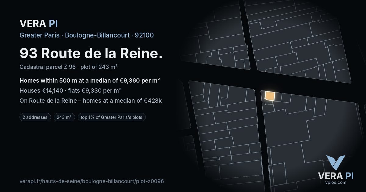93 Route de la Reine, Boulogne-Billancourt at night – the plot lit, the parcels around coloured by the prices near them