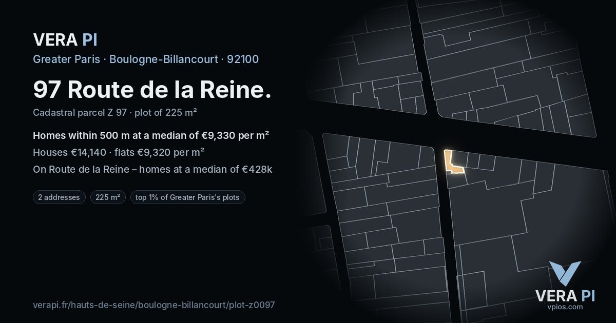 97 Route de la Reine, Boulogne-Billancourt at night – the plot lit, the parcels around coloured by the prices near them