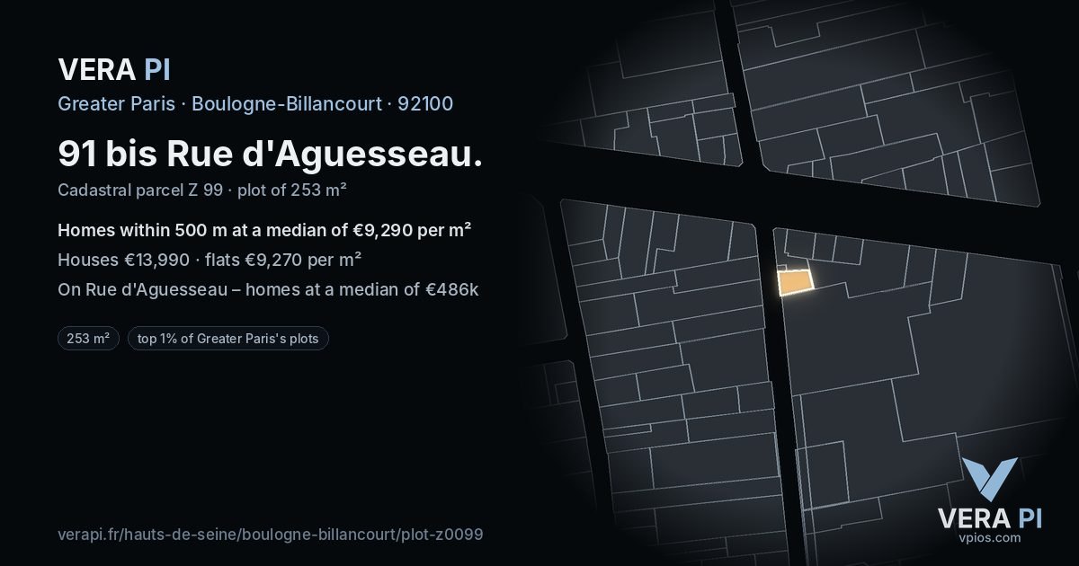 91 bis Rue d'Aguesseau, Boulogne-Billancourt at night – the plot lit, the parcels around coloured by the prices near them
