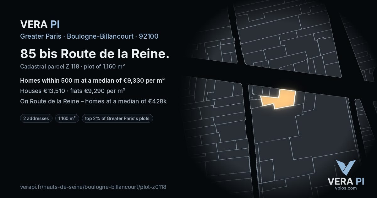 85 bis Route de la Reine, Boulogne-Billancourt at night – the plot lit, the parcels around coloured by the prices near them
