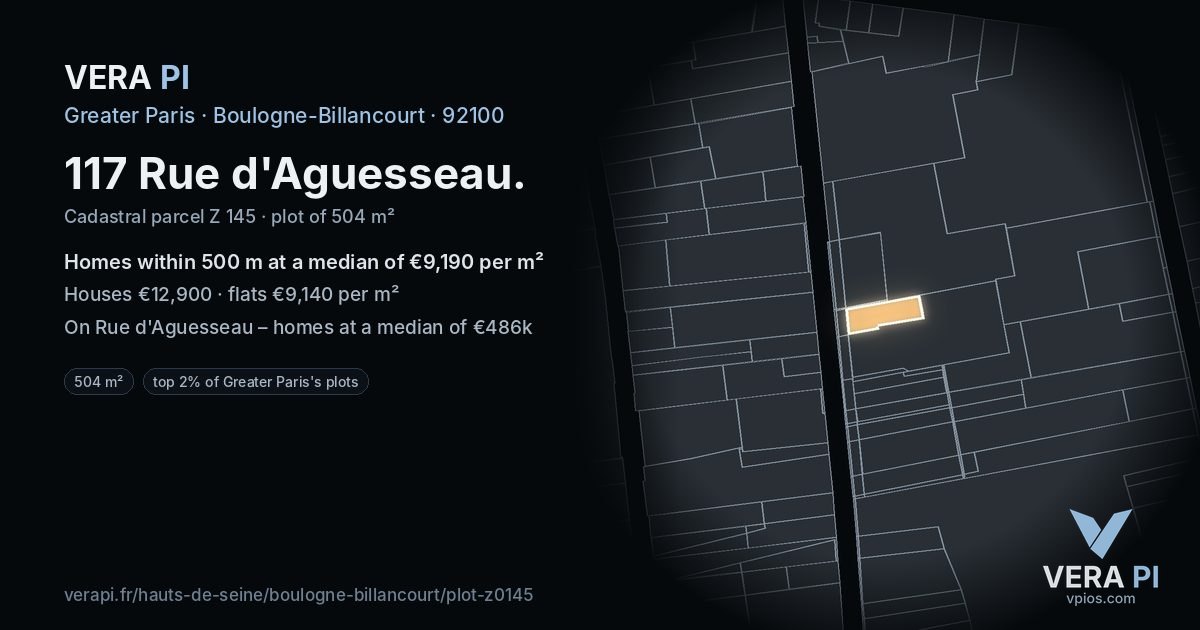 117 Rue d'Aguesseau, Boulogne-Billancourt at night – the plot lit, the parcels around coloured by the prices near them