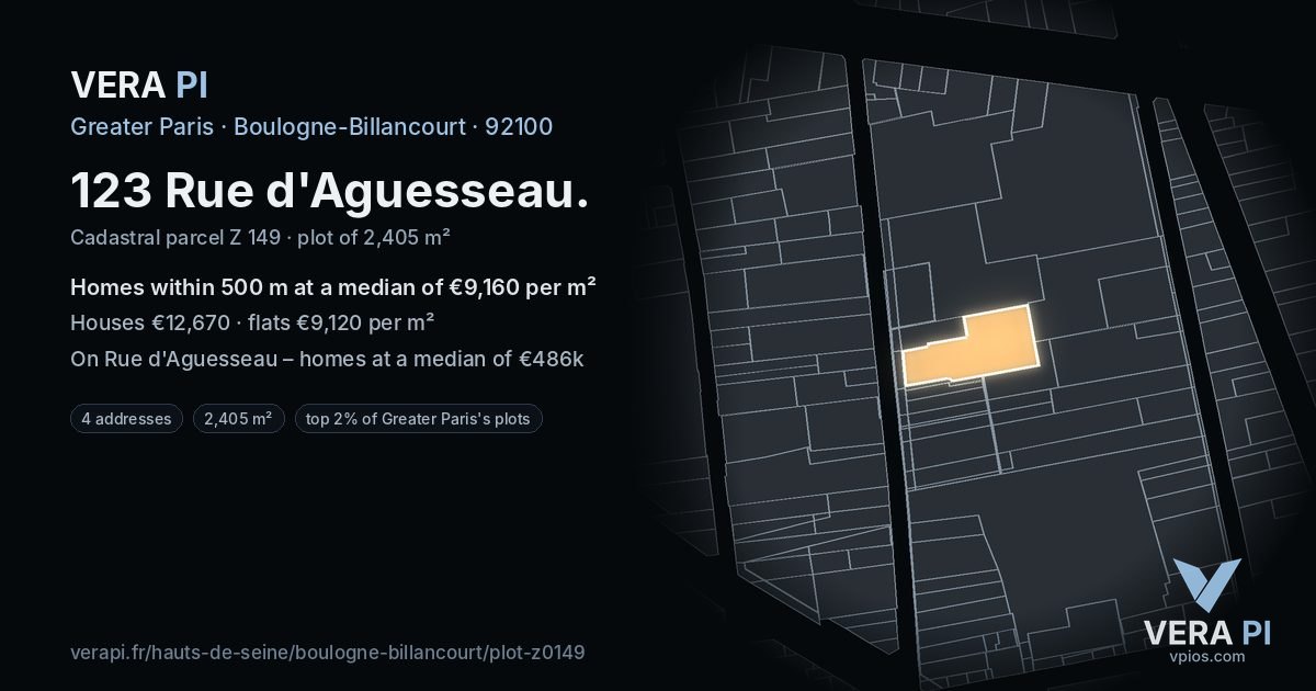123 Rue d'Aguesseau, Boulogne-Billancourt at night – the plot lit, the parcels around coloured by the prices near them