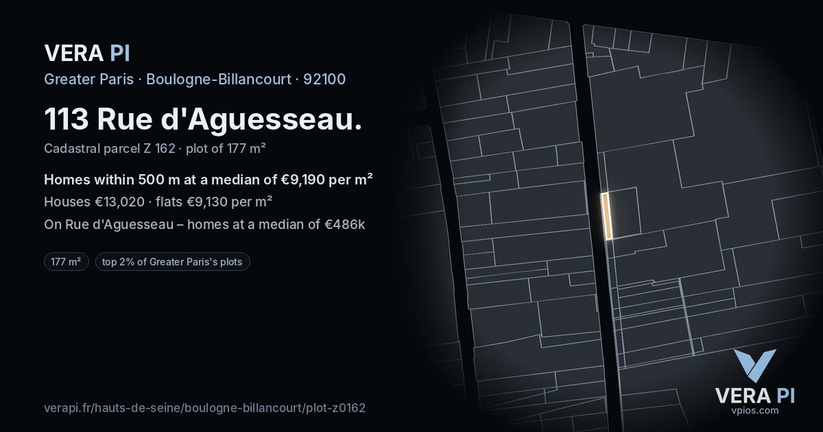 113 Rue d'Aguesseau, Boulogne-Billancourt at night – the plot lit, the parcels around coloured by the prices near them