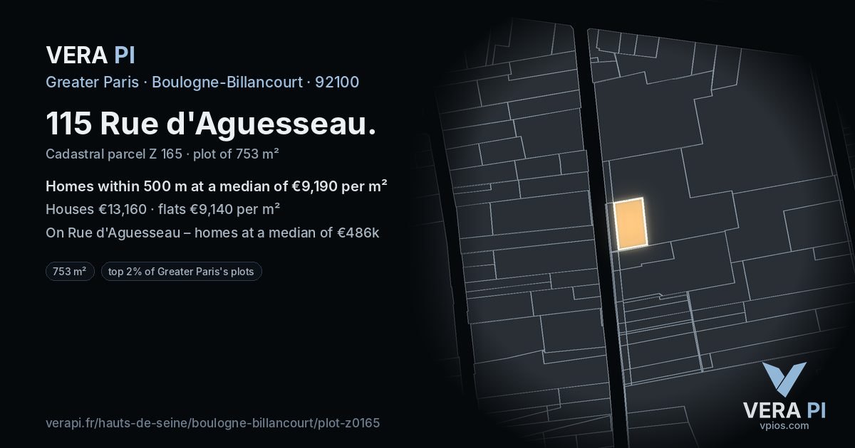 115 Rue d'Aguesseau, Boulogne-Billancourt at night – the plot lit, the parcels around coloured by the prices near them