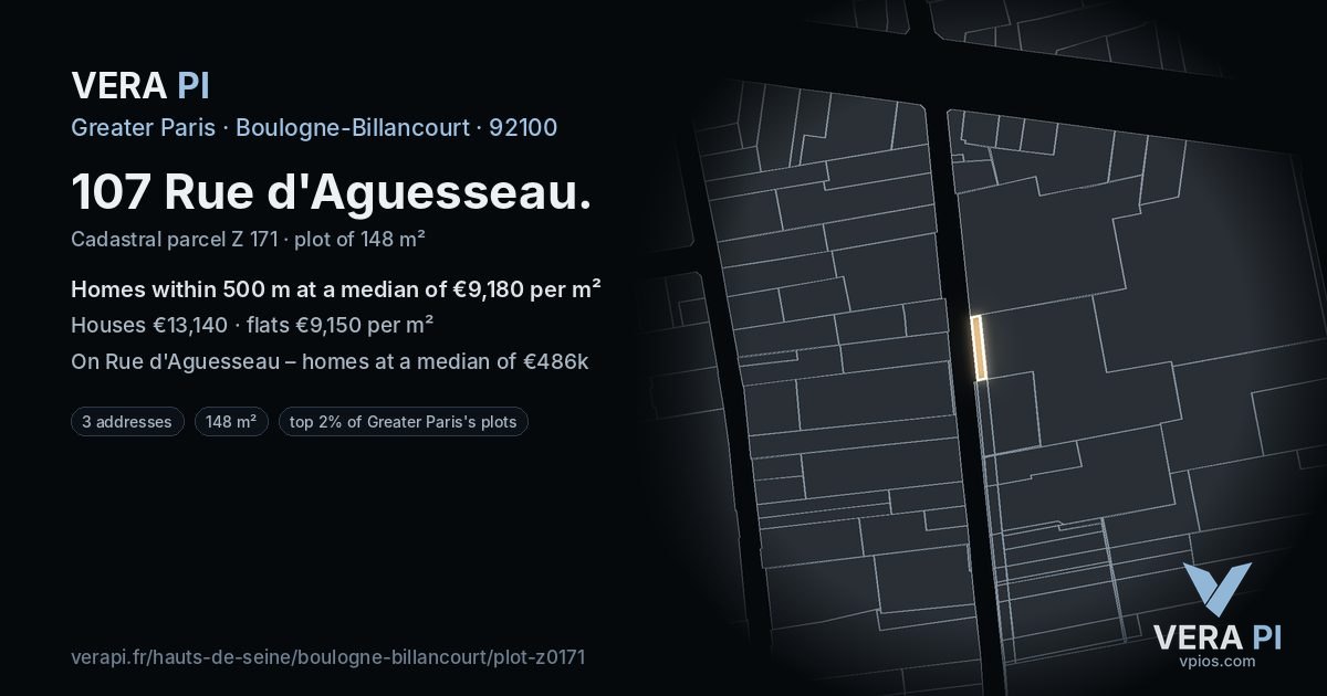 107 Rue d'Aguesseau, Boulogne-Billancourt at night – the plot lit, the parcels around coloured by the prices near them