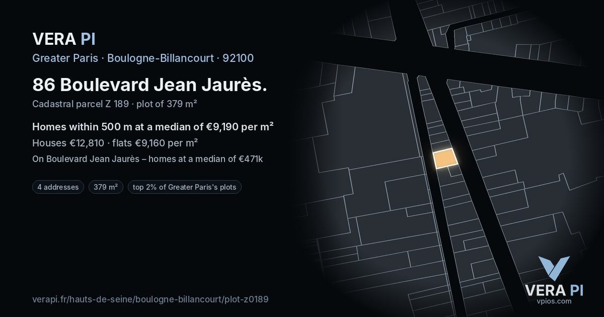86 Boulevard Jean Jaurès, Boulogne-Billancourt at night – the plot lit, the parcels around coloured by the prices near them