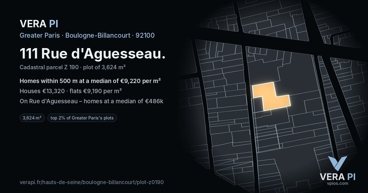 111 Rue d'Aguesseau, Boulogne-Billancourt at night – the plot lit, the parcels around coloured by the prices near them