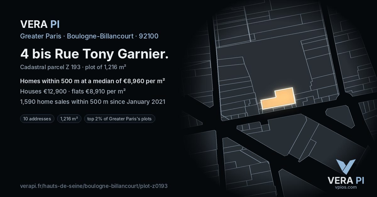 4 bis Rue Tony Garnier, Boulogne-Billancourt at night – the plot lit, the parcels around coloured by the prices near them