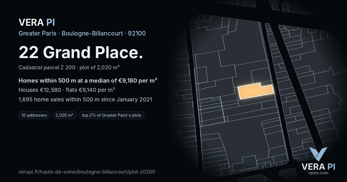22 Grand Place, Boulogne-Billancourt at night – the plot lit, the parcels around coloured by the prices near them
