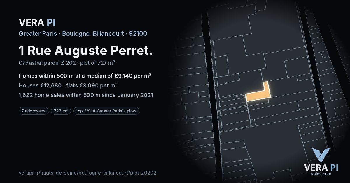 1 Rue Auguste Perret, Boulogne-Billancourt at night – the plot lit, the parcels around coloured by the prices near them