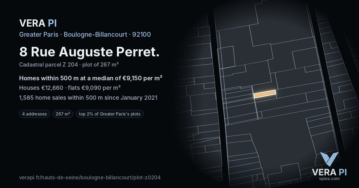 8 Rue Auguste Perret, Boulogne-Billancourt at night – the plot lit, the parcels around coloured by the prices near them