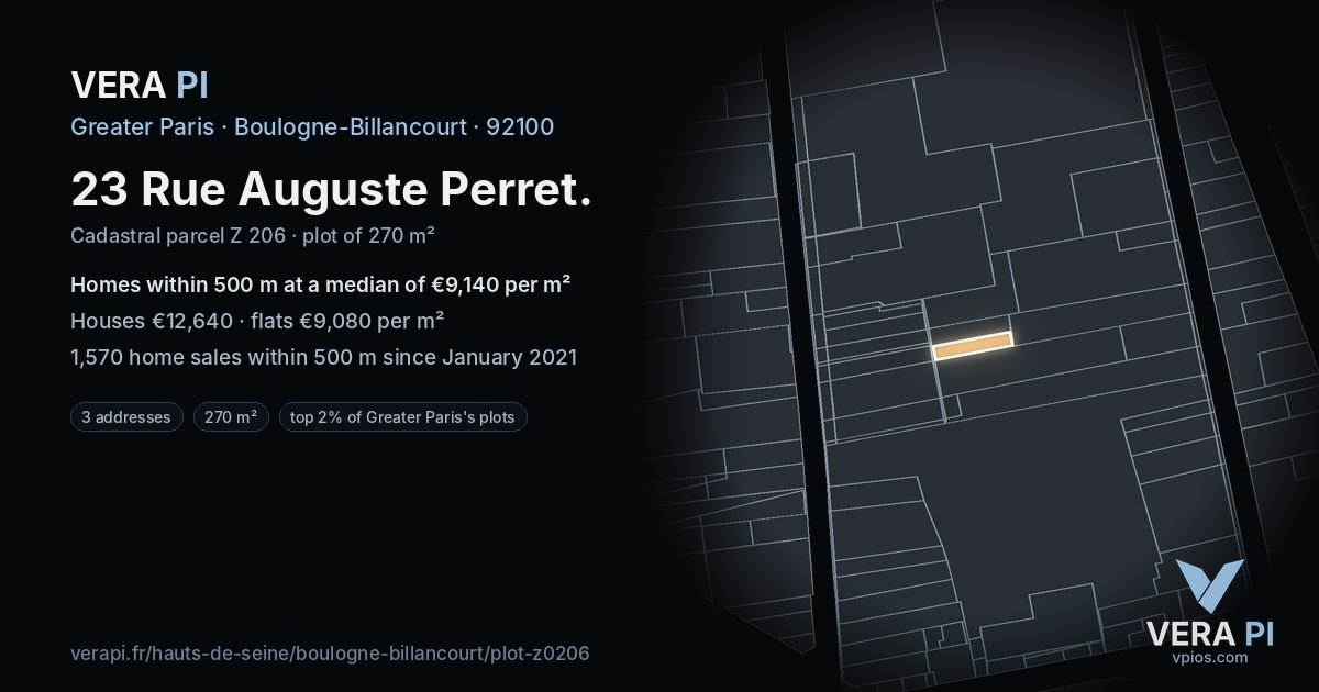 23 Rue Auguste Perret, Boulogne-Billancourt at night – the plot lit, the parcels around coloured by the prices near them