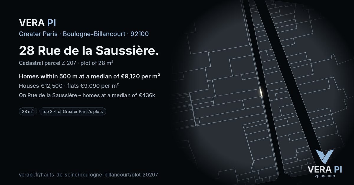 28 Rue de la Saussière, Boulogne-Billancourt at night – the plot lit, the parcels around coloured by the prices near them