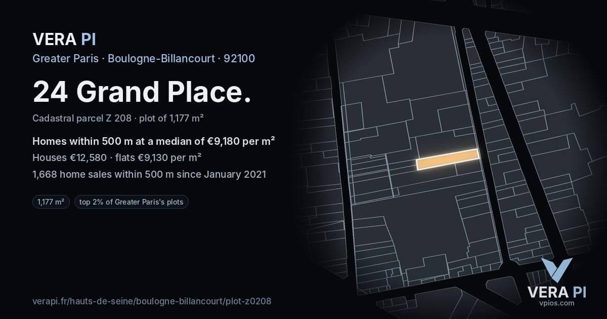 24 Grand Place, Boulogne-Billancourt at night – the plot lit, the parcels around coloured by the prices near them