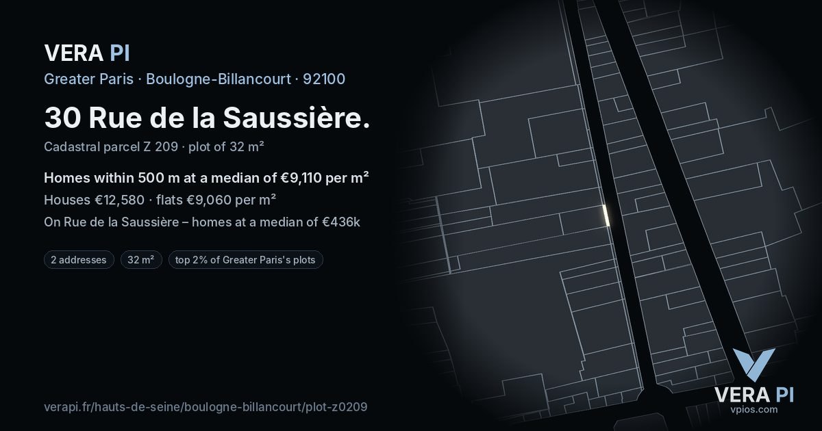 30 Rue de la Saussière, Boulogne-Billancourt at night – the plot lit, the parcels around coloured by the prices near them
