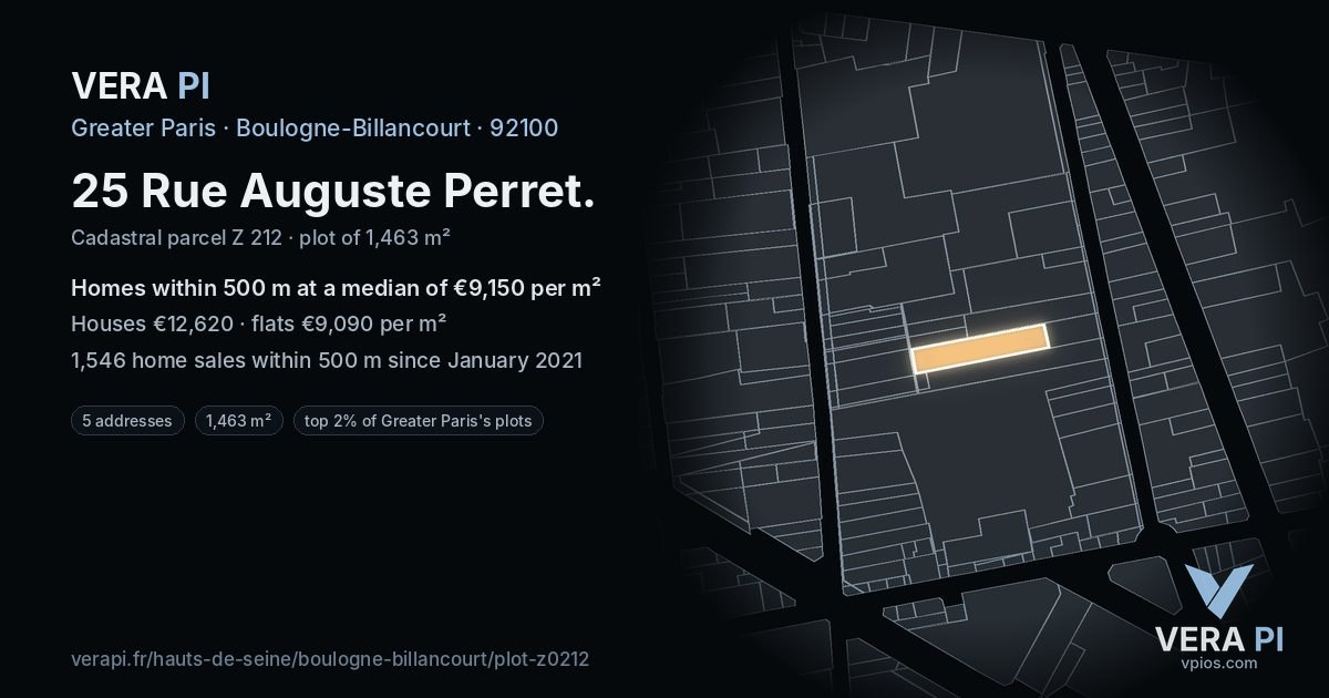 25 Rue Auguste Perret, Boulogne-Billancourt at night – the plot lit, the parcels around coloured by the prices near them