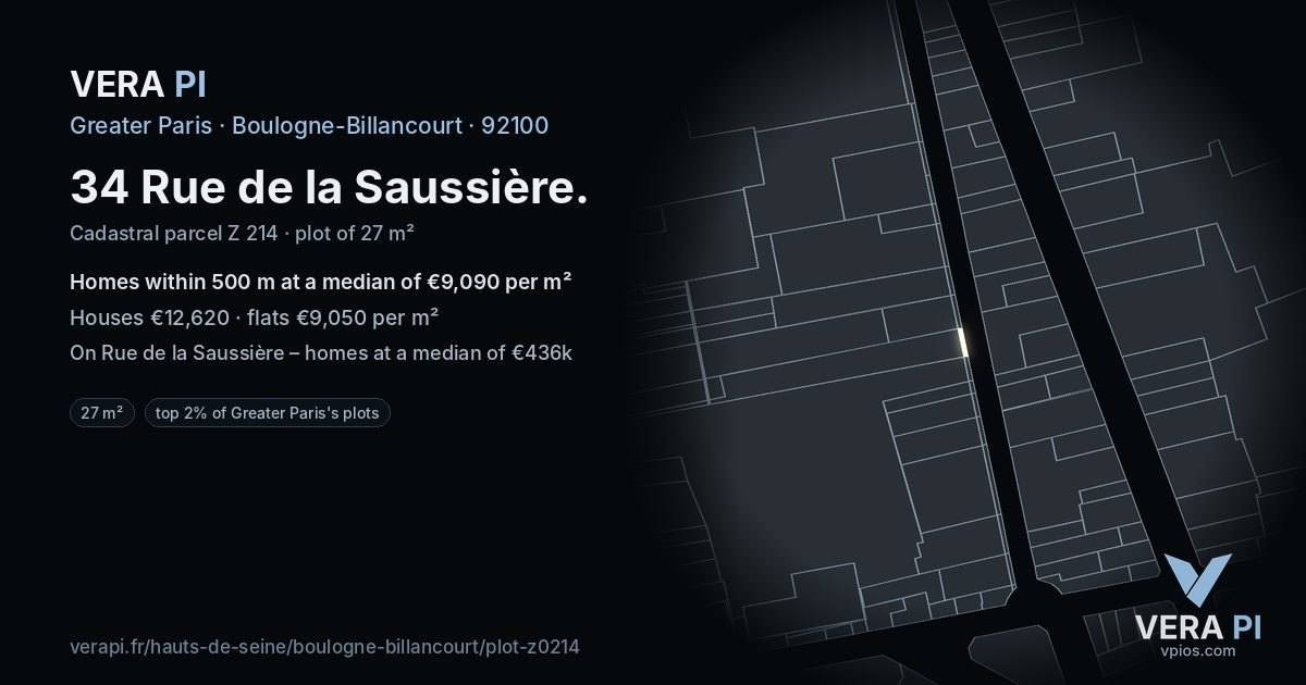 34 Rue de la Saussière, Boulogne-Billancourt at night – the plot lit, the parcels around coloured by the prices near them