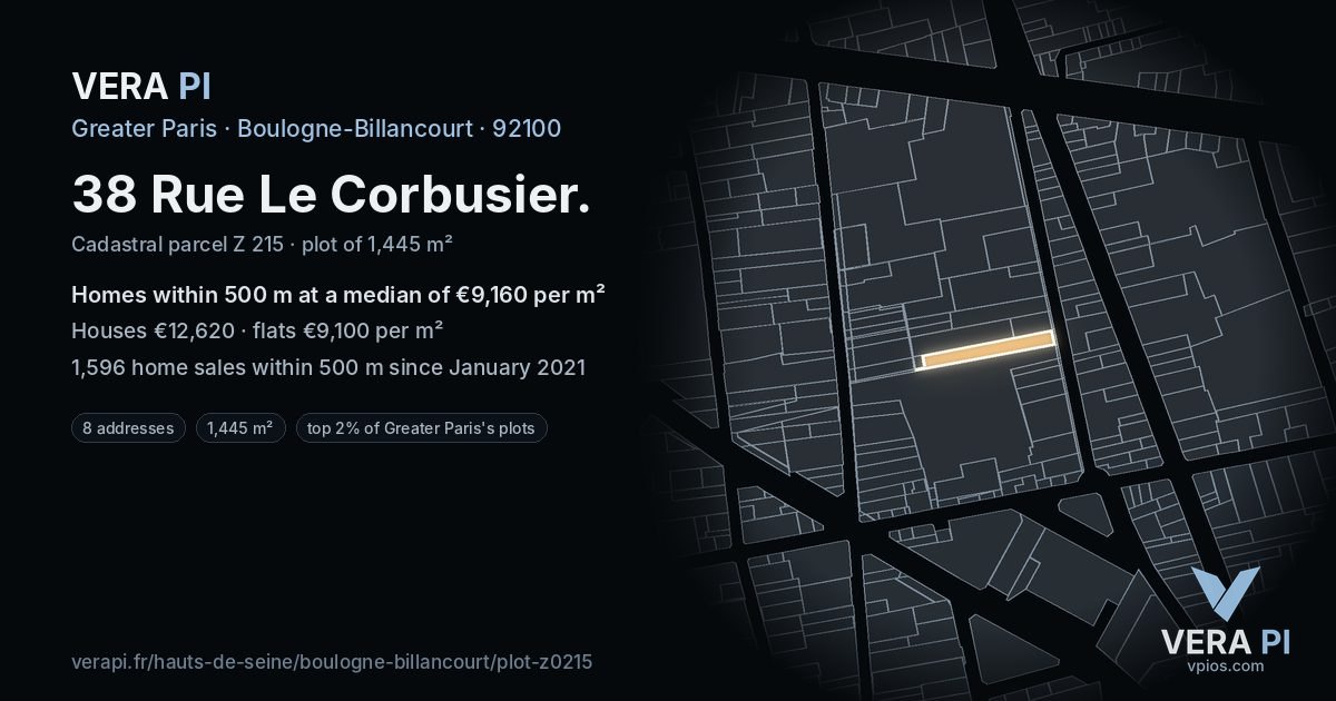 38 Rue Le Corbusier, Boulogne-Billancourt at night – the plot lit, the parcels around coloured by the prices near them