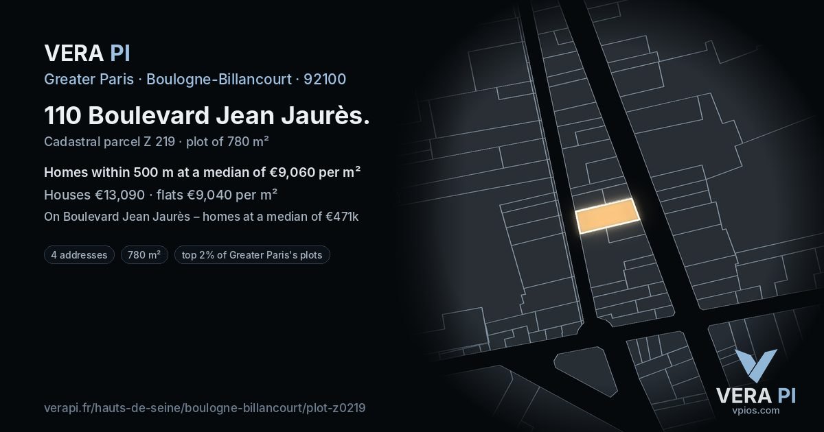 110 Boulevard Jean Jaurès, Boulogne-Billancourt at night – the plot lit, the parcels around coloured by the prices near them