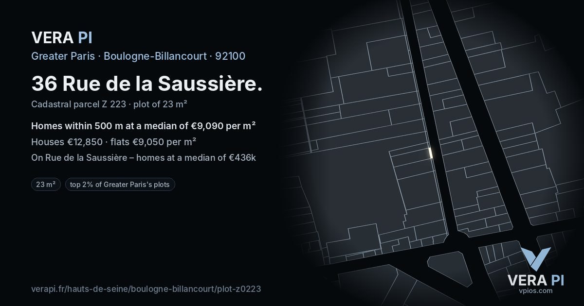 36 Rue de la Saussière, Boulogne-Billancourt at night – the plot lit, the parcels around coloured by the prices near them