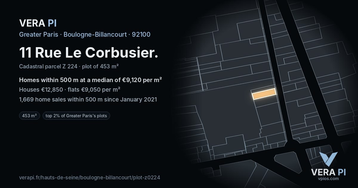 11 Rue Le Corbusier, Boulogne-Billancourt at night – the plot lit, the parcels around coloured by the prices near them