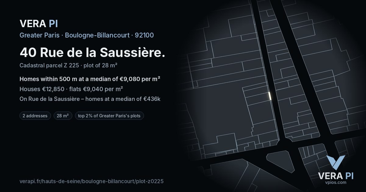 40 Rue de la Saussière, Boulogne-Billancourt at night – the plot lit, the parcels around coloured by the prices near them