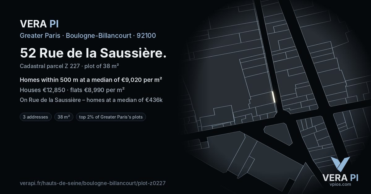 52 Rue de la Saussière, Boulogne-Billancourt at night – the plot lit, the parcels around coloured by the prices near them