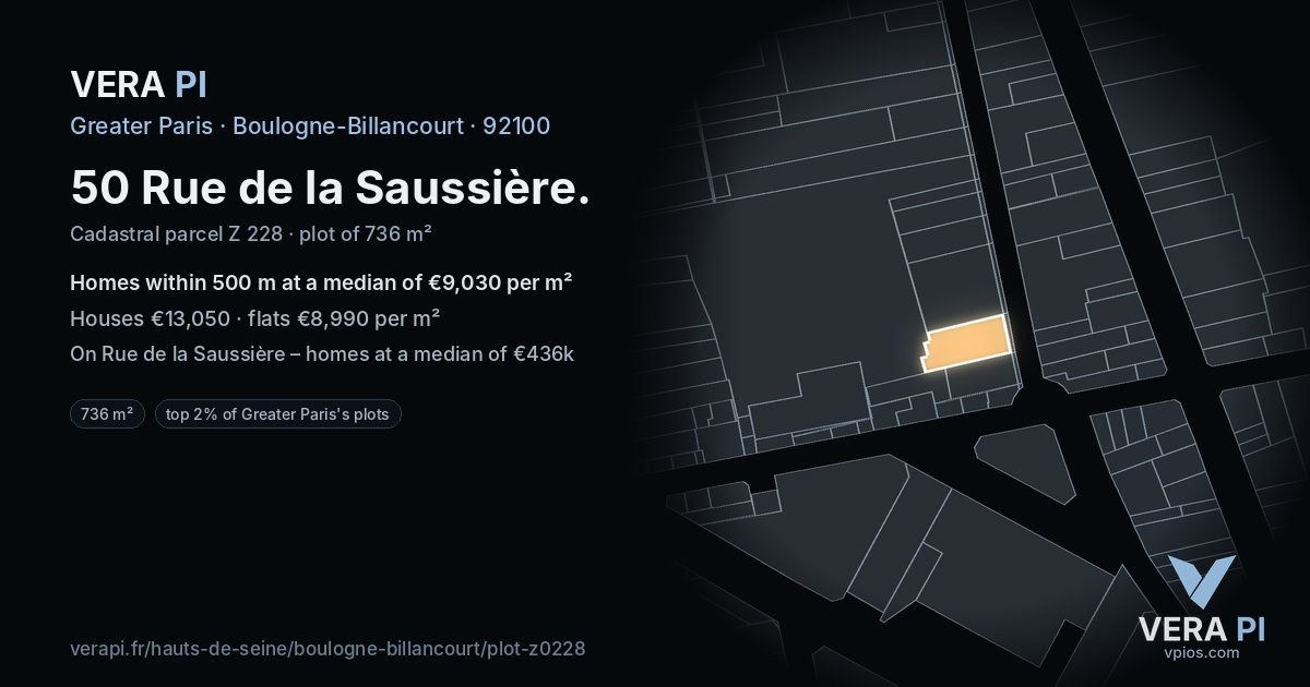 50 Rue de la Saussière, Boulogne-Billancourt at night – the plot lit, the parcels around coloured by the prices near them