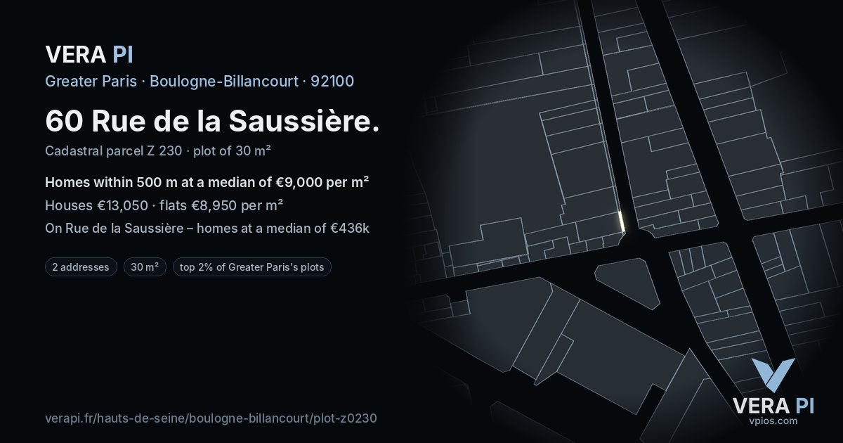 60 Rue de la Saussière, Boulogne-Billancourt at night – the plot lit, the parcels around coloured by the prices near them
