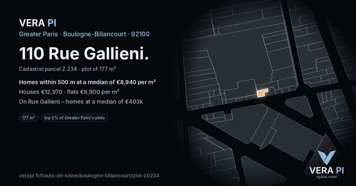 110 Rue Gallieni, Boulogne-Billancourt at night – the plot lit, the parcels around coloured by the prices near them