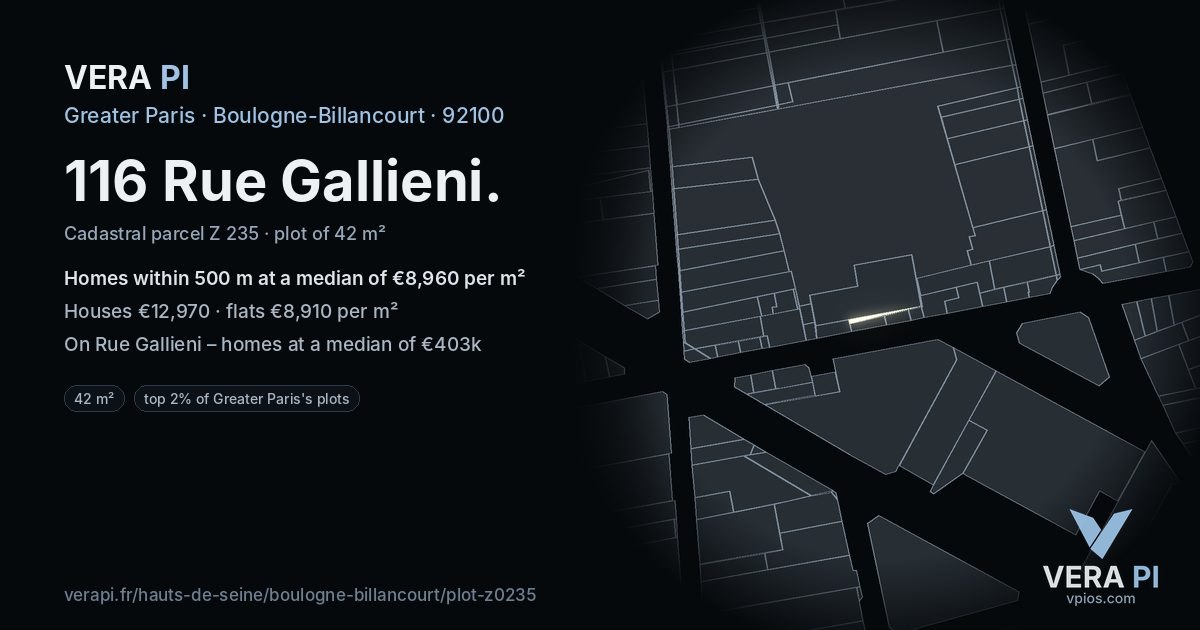 116 Rue Gallieni, Boulogne-Billancourt at night – the plot lit, the parcels around coloured by the prices near them