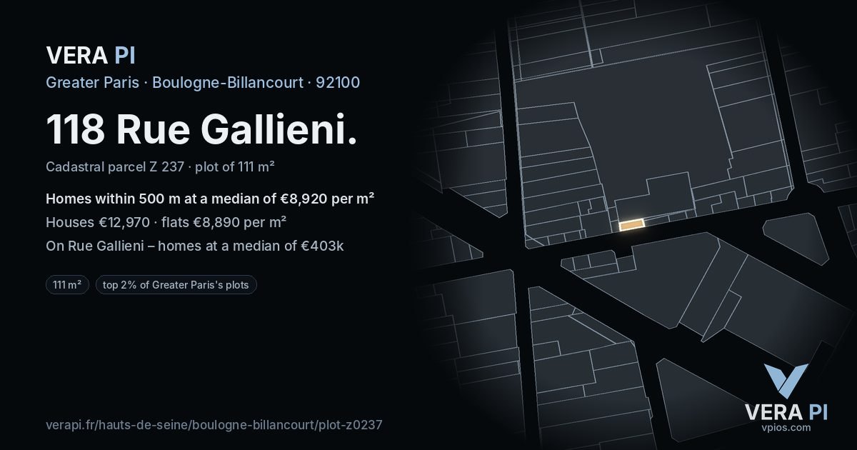 118 Rue Gallieni, Boulogne-Billancourt at night – the plot lit, the parcels around coloured by the prices near them