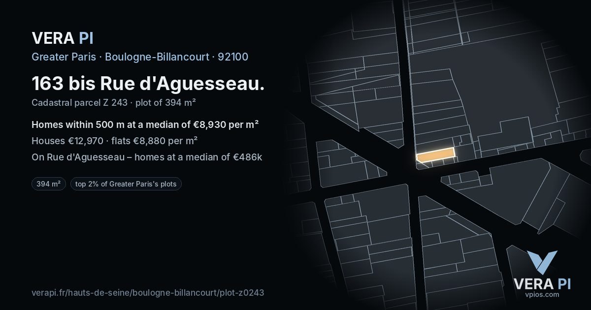 163 bis Rue d'Aguesseau, Boulogne-Billancourt at night – the plot lit, the parcels around coloured by the prices near them
