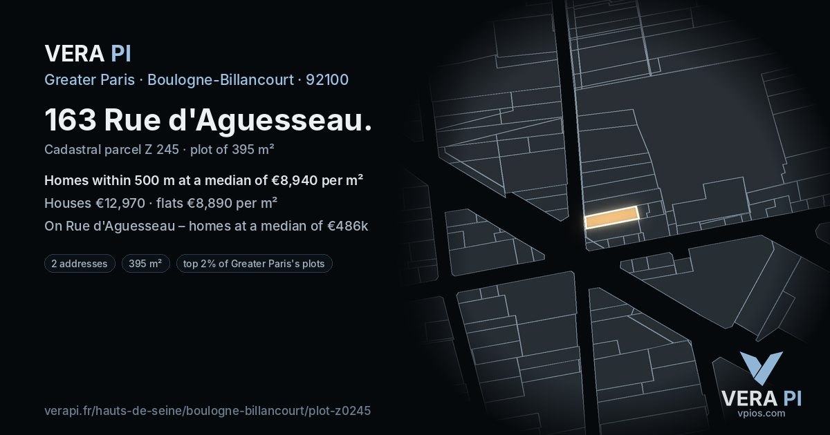 163 Rue d'Aguesseau, Boulogne-Billancourt at night – the plot lit, the parcels around coloured by the prices near them