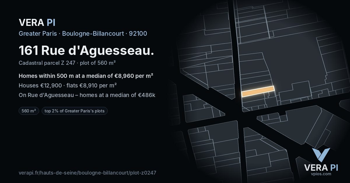 161 Rue d'Aguesseau, Boulogne-Billancourt at night – the plot lit, the parcels around coloured by the prices near them