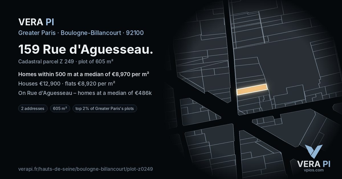 159 Rue d'Aguesseau, Boulogne-Billancourt at night – the plot lit, the parcels around coloured by the prices near them
